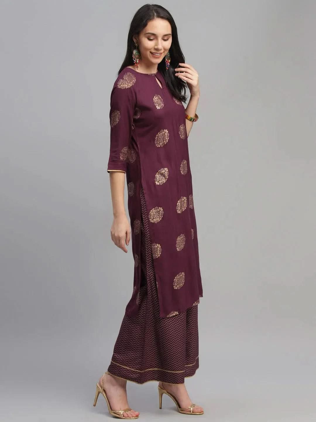Maroon Printed Rayon Suit Set - Libas