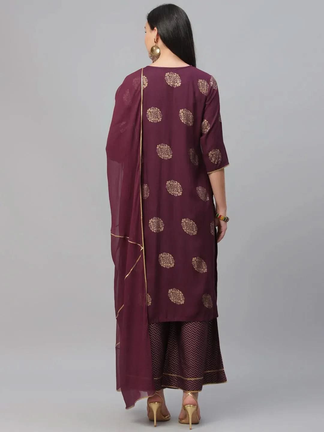 Maroon Printed Rayon Suit Set - Libas