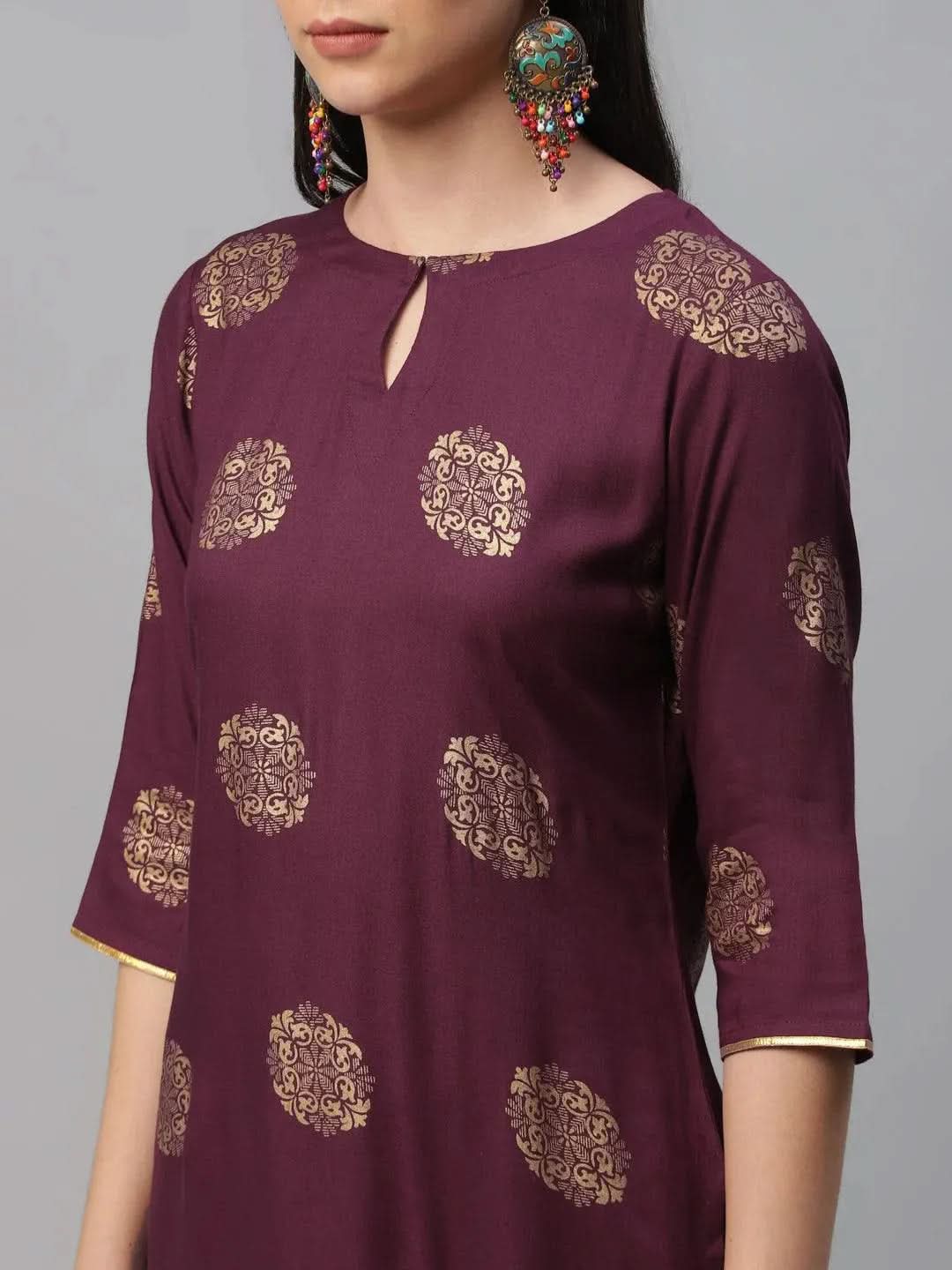 Maroon Printed Rayon Suit Set - Libas