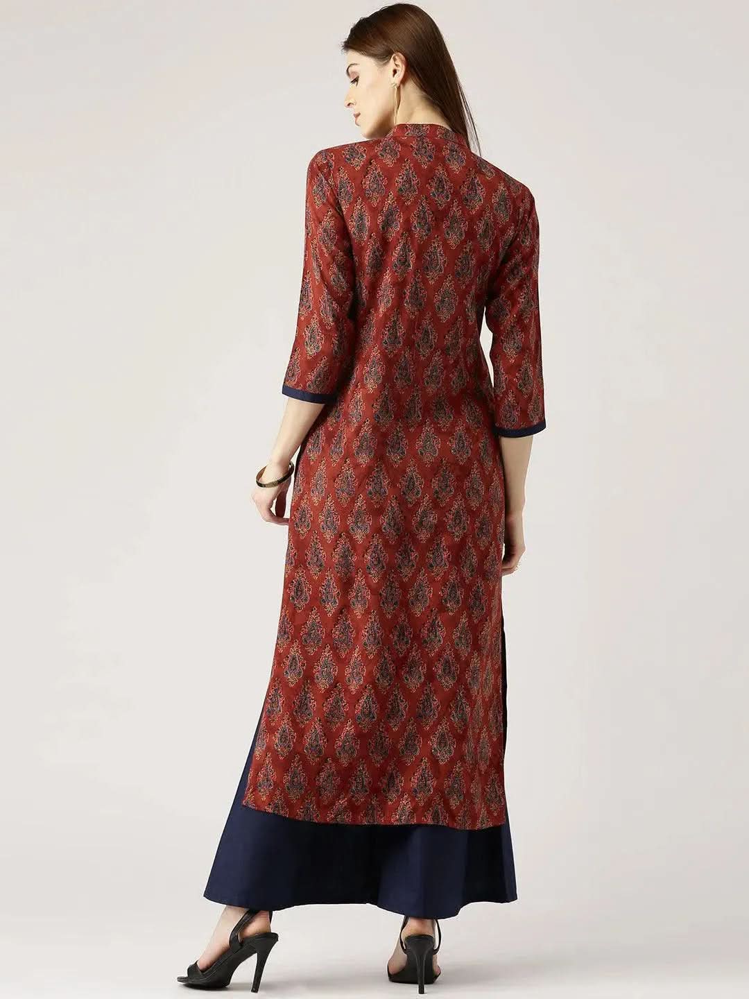 Maroon Printed Rayon Straight Kurta With Palazzos
Maroon Printed Rayon Straight Kurta With Palazzos