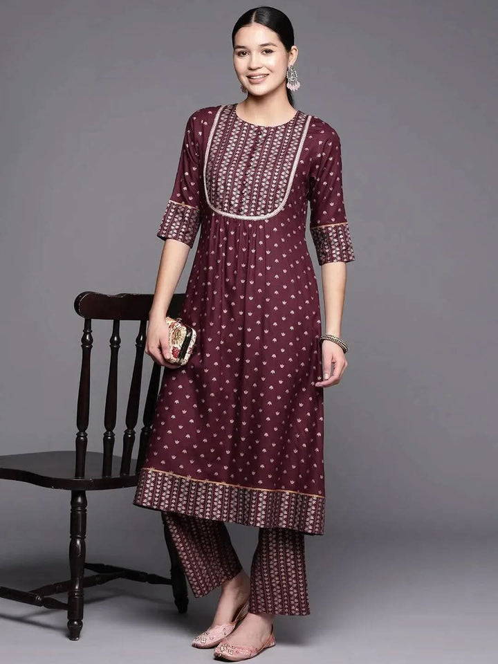 Maroon Printed Rayon Trousers - Libas