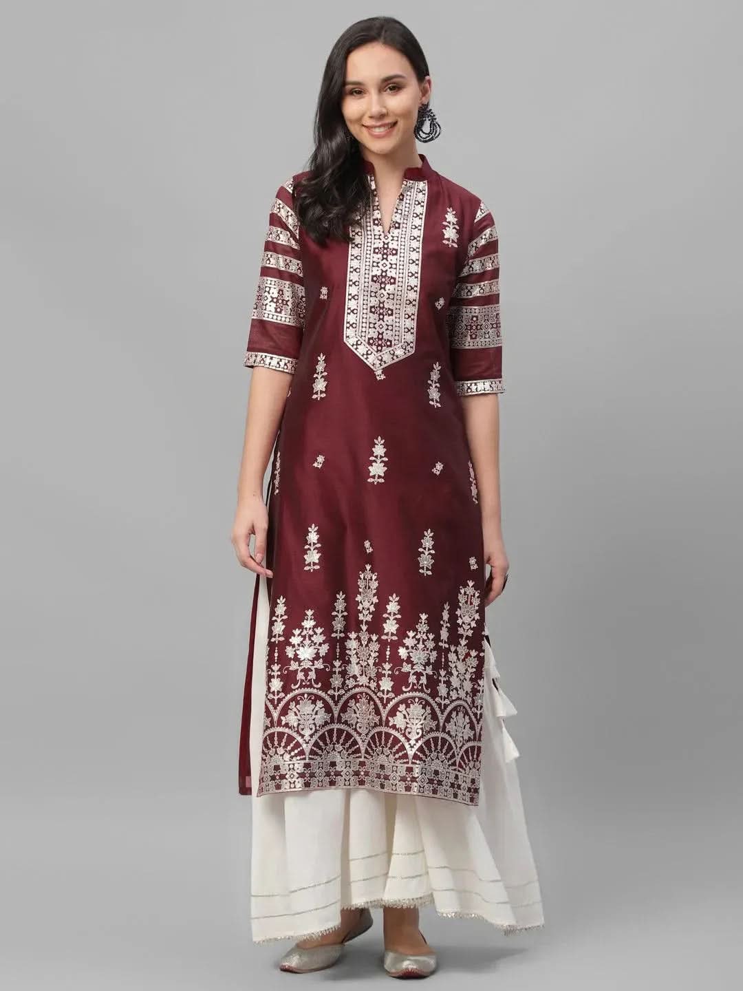 Maroon Printed Shantoon Kurta - Libas