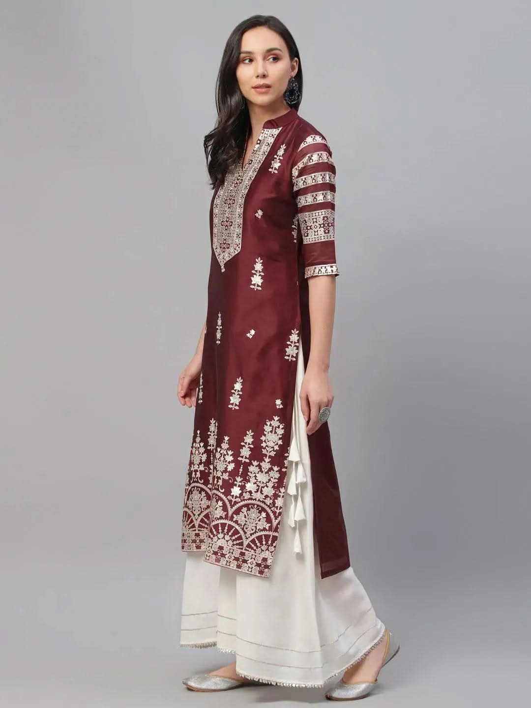 Maroon Printed Shantoon Kurta - Libas
