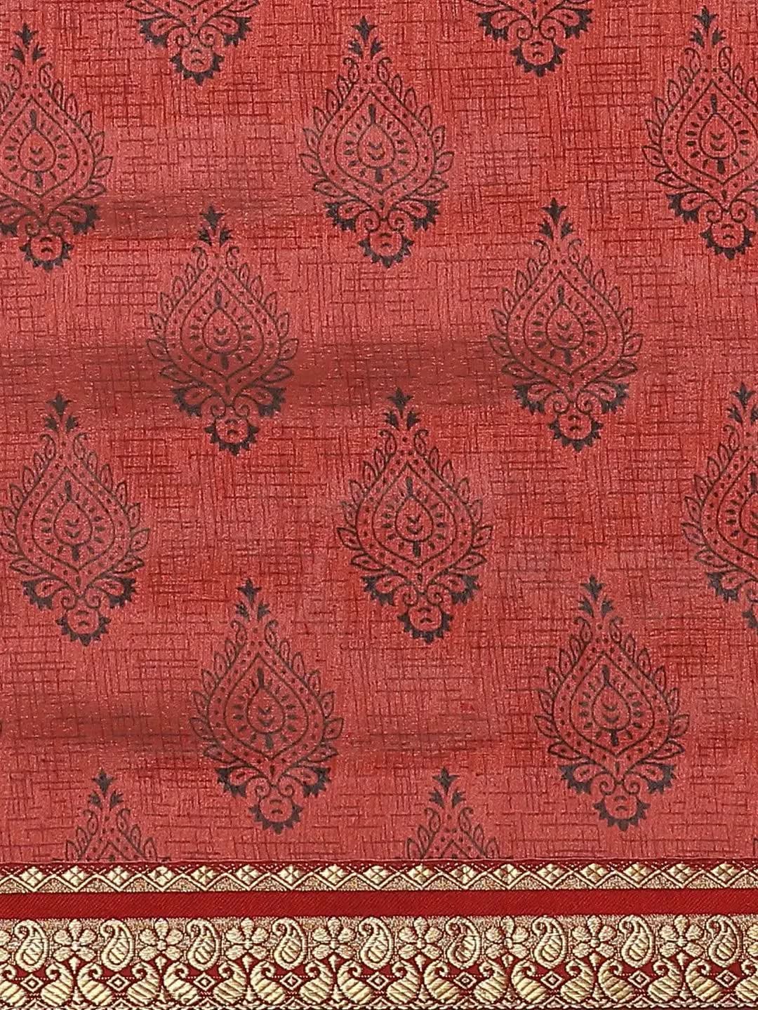 Maroon Printed Silk Blend Saree - Libas