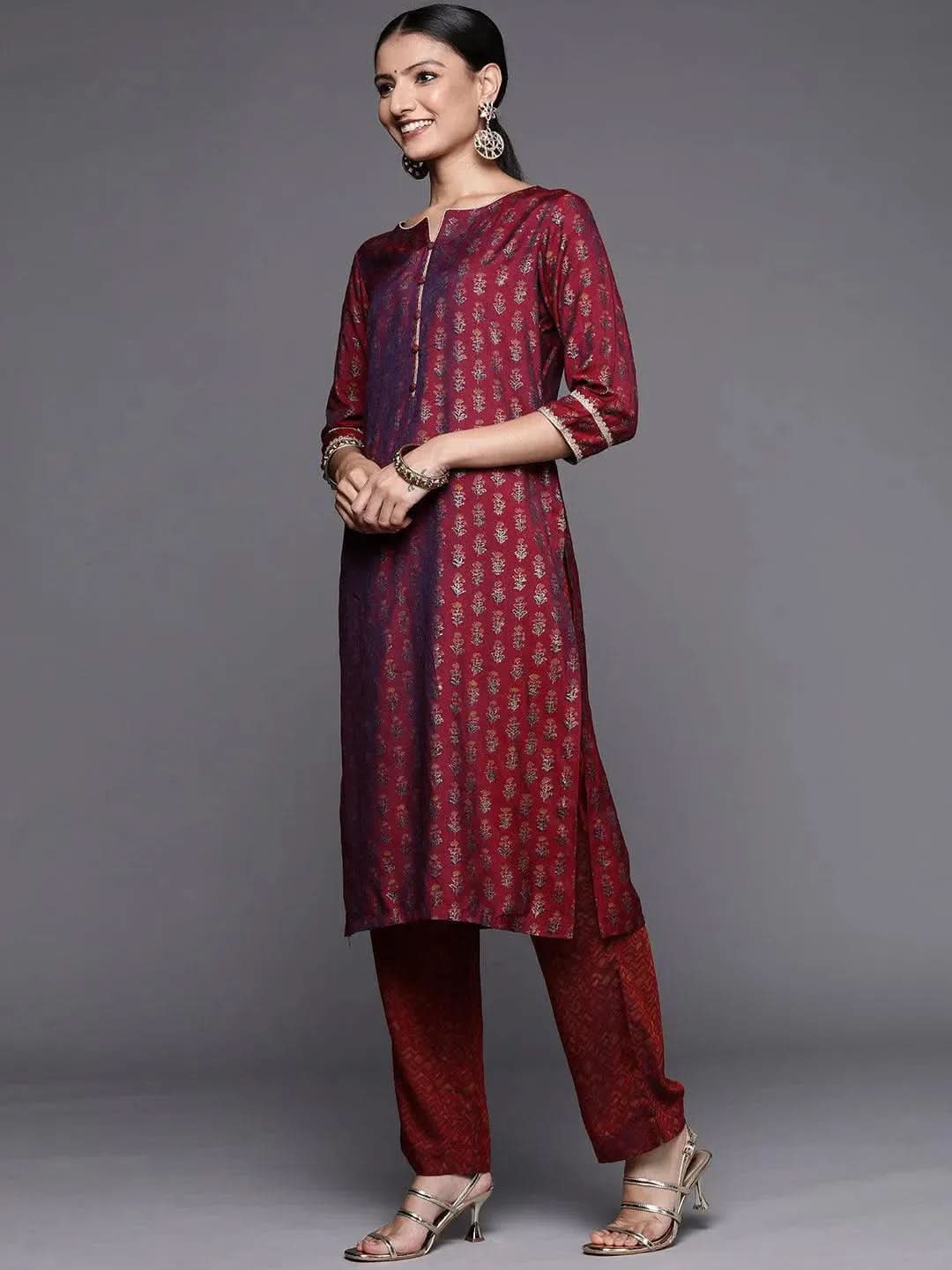 Maroon Printed Silk Blend Straight Suit Set - Libas