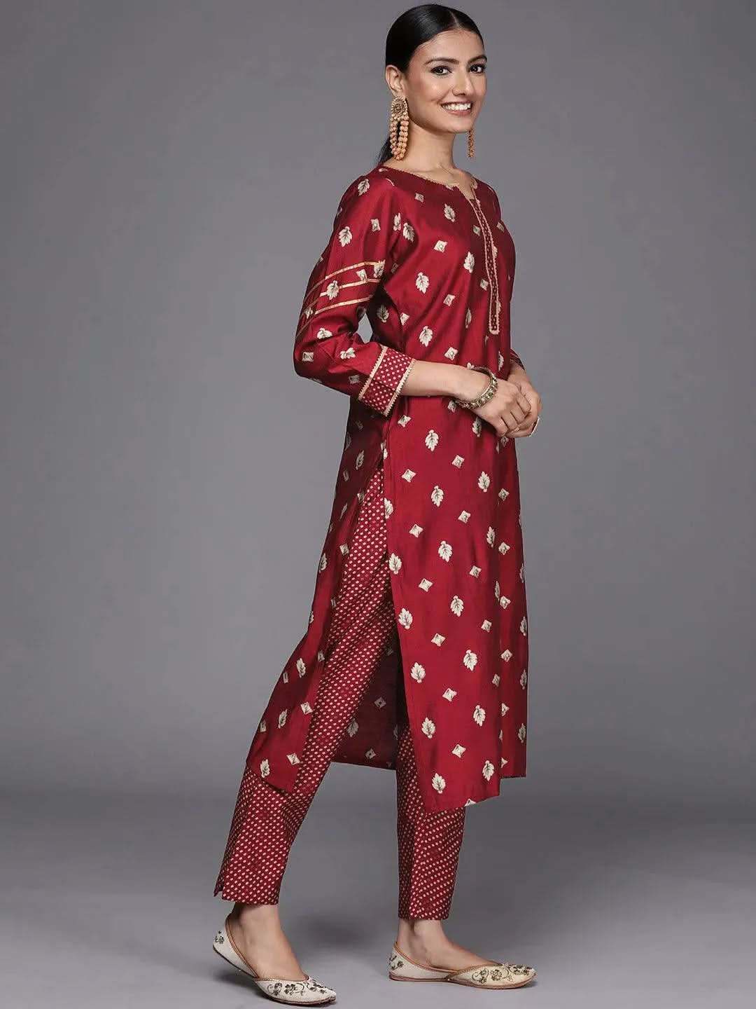 Maroon Printed Silk Blend Straight Suit Set - Libas