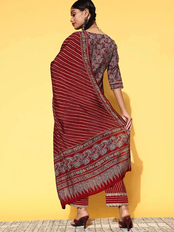 Maroon Printed Silk Blend Straight Suit Set - Libas