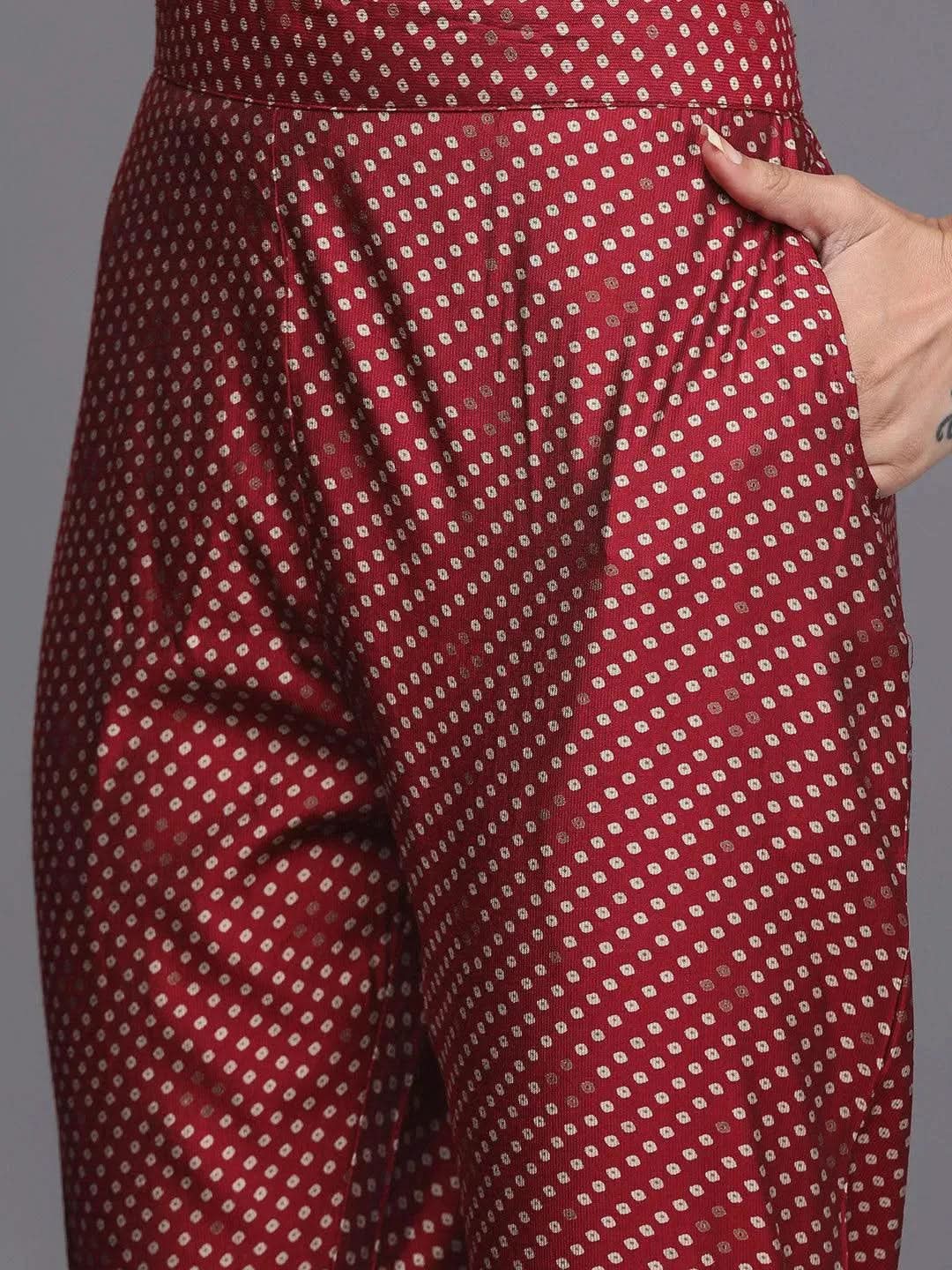 Maroon Printed Silk Blend Straight Suit Set - Libas