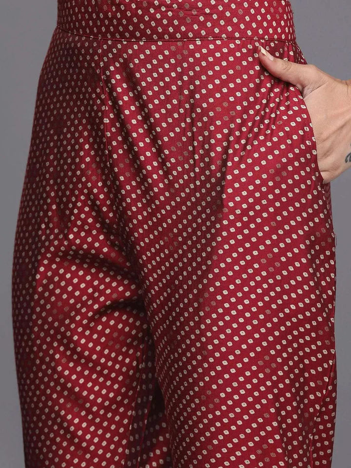 Maroon Printed Silk Blend Straight Suit Set - Libas