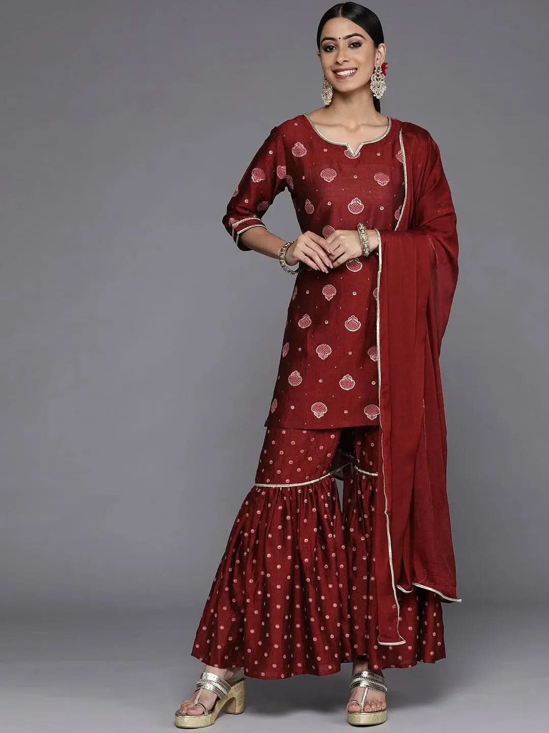 Maroon Printed Silk Blend Straight Sharara Suit Set - Libas