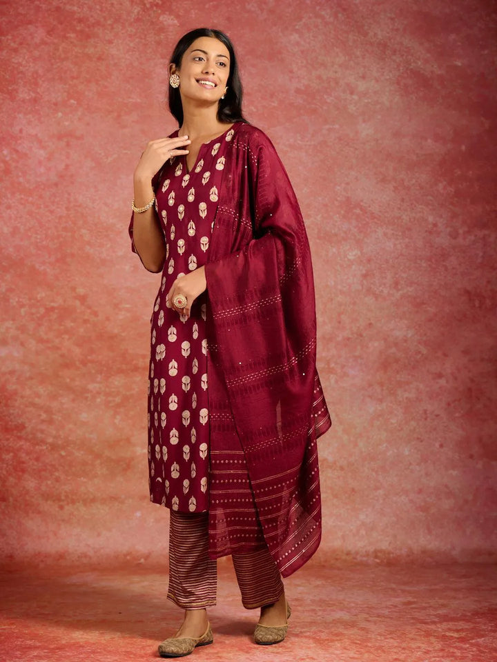 Maroon Printed Silk Blend Straight Kurta With Trousers & Dupatta - Libas