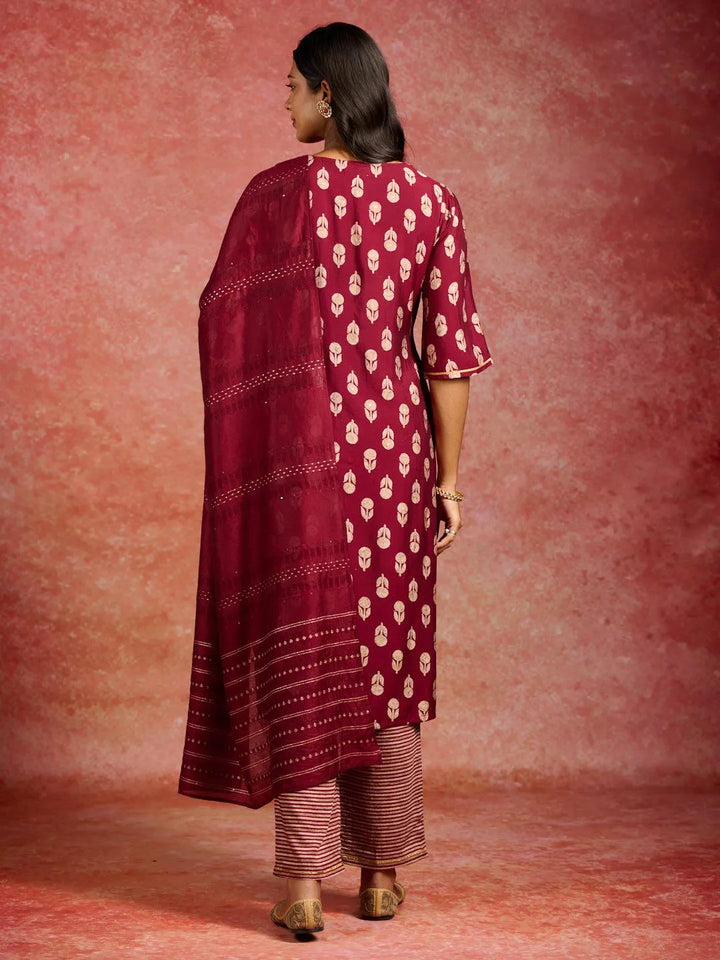 Maroon Printed Silk Blend Straight Kurta With Trousers & Dupatta - Libas