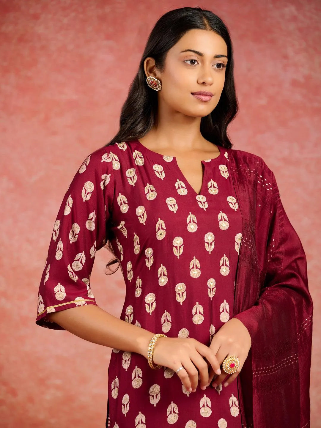 Maroon Printed Silk Blend Straight Kurta With Trousers & Dupatta - Libas