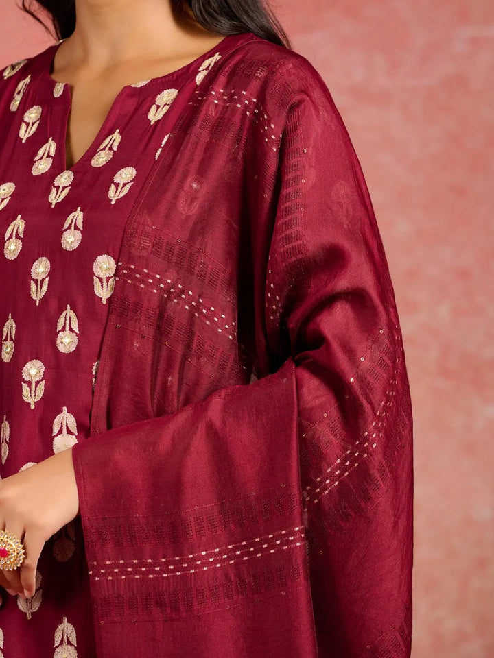 Maroon Printed Silk Blend Straight Kurta With Trousers & Dupatta - Libas