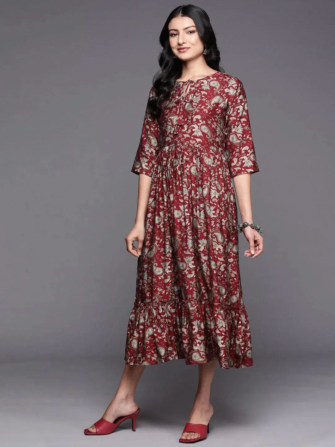 Maroon Printed Silk Fit and Flare Dress - Libas