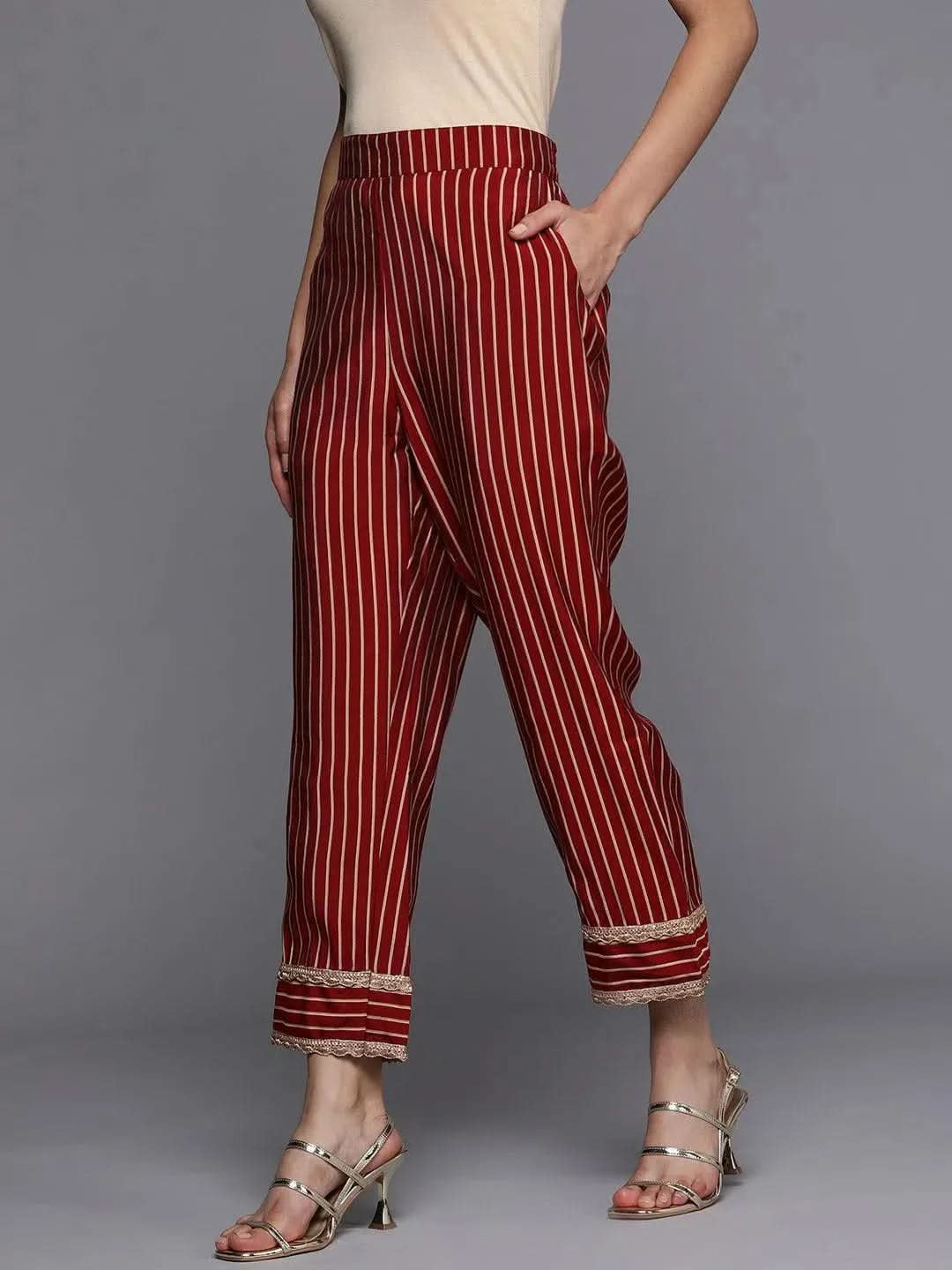 Maroon Printed Silk Trousers - Libas