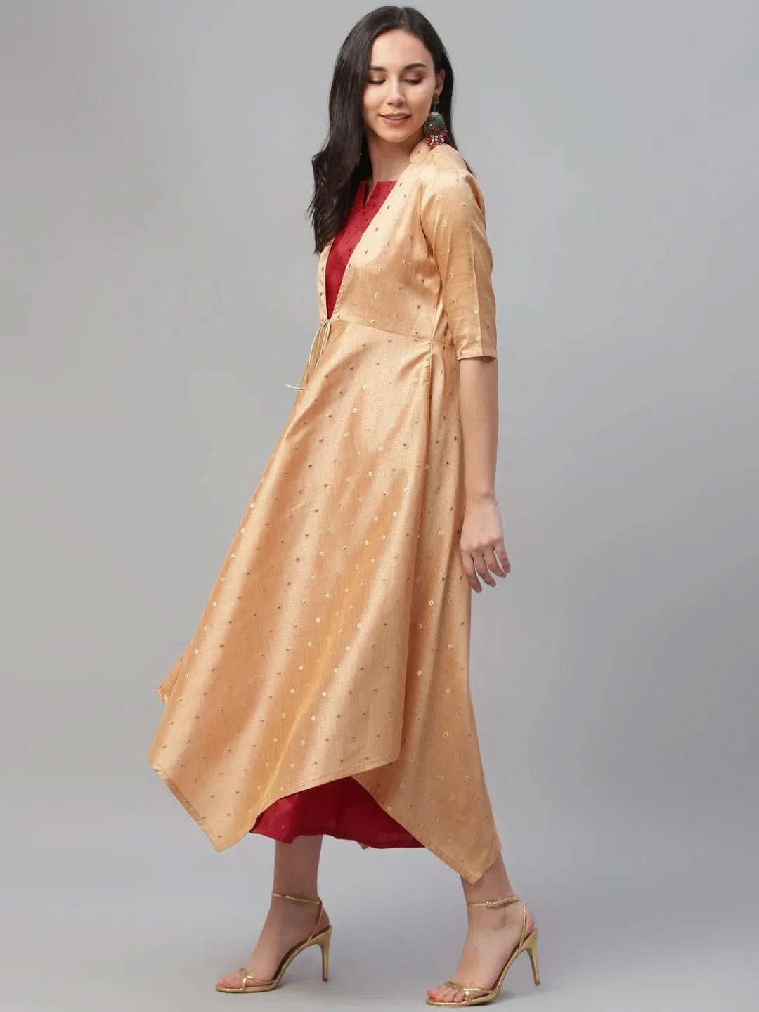 Maroon Self Design Chanderi Dress With Shrug - Libas