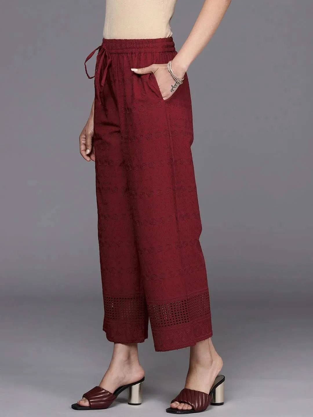 Maroon Self Design Cotton Palazzos - Libas