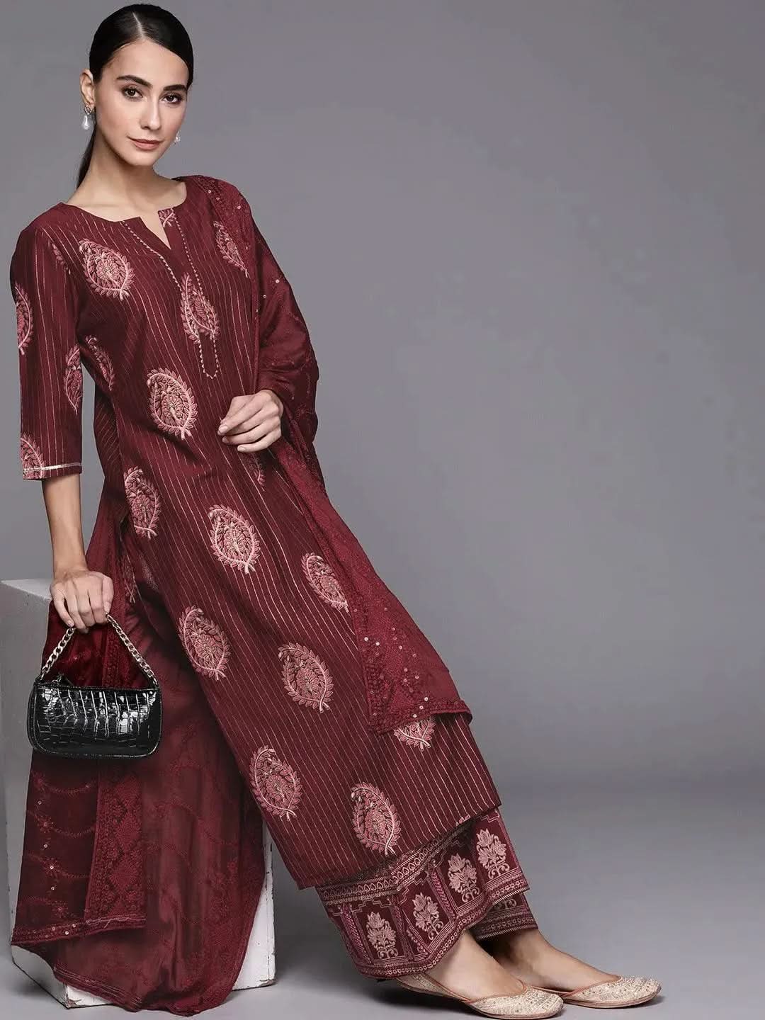 Maroon Self Design Silk Blend Suit Set - Libas