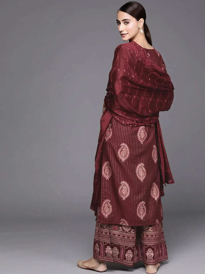 Maroon Self Design Silk Blend Suit Set - Libas