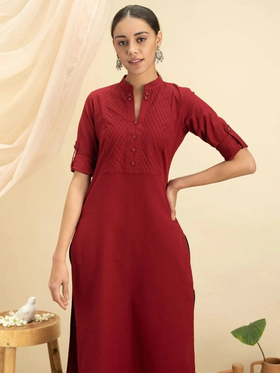 Maroon Solid Cotton Kurta - Libas