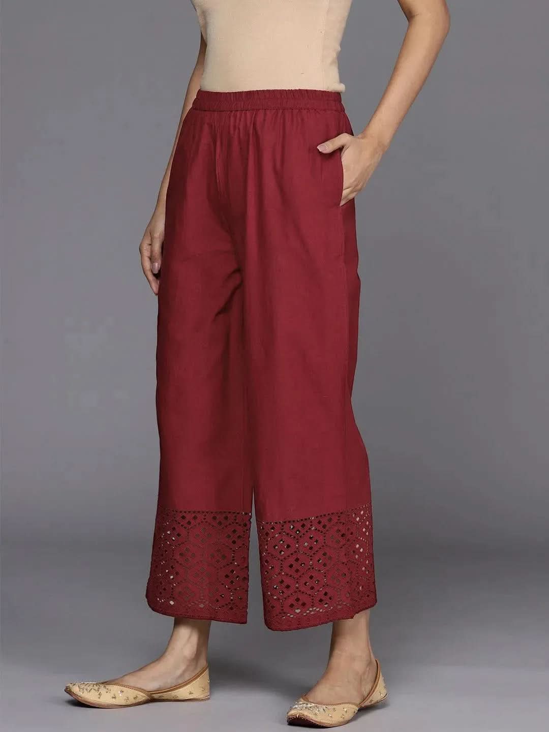 Maroon Solid Cotton Palazzos - Libas