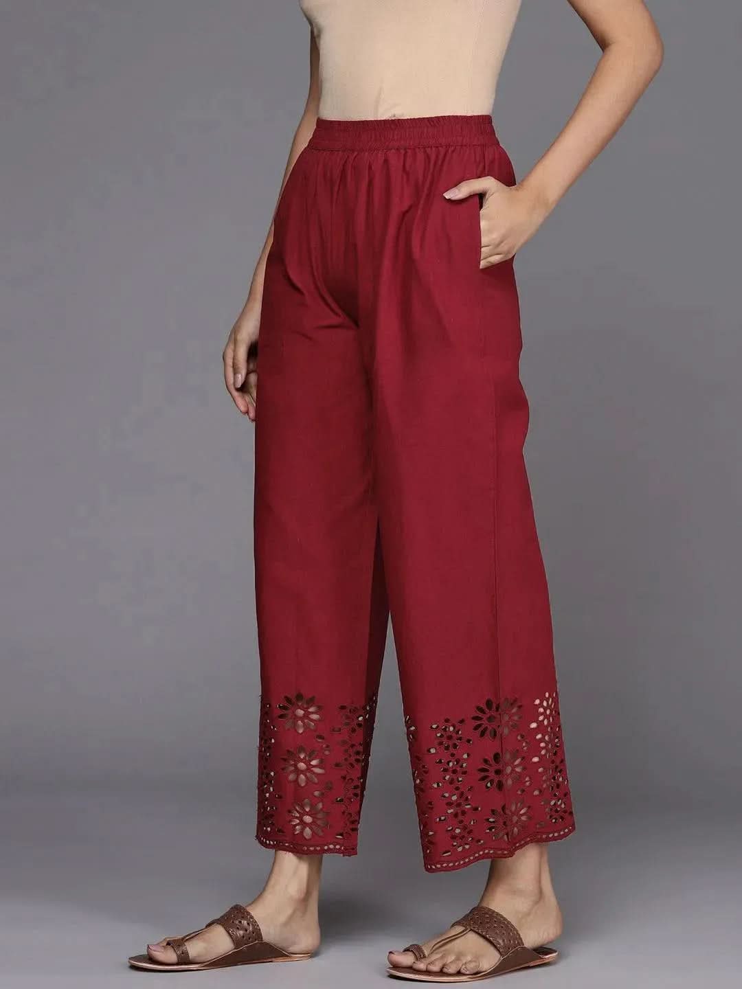 Maroon Solid Cotton Palazzos - Libas
