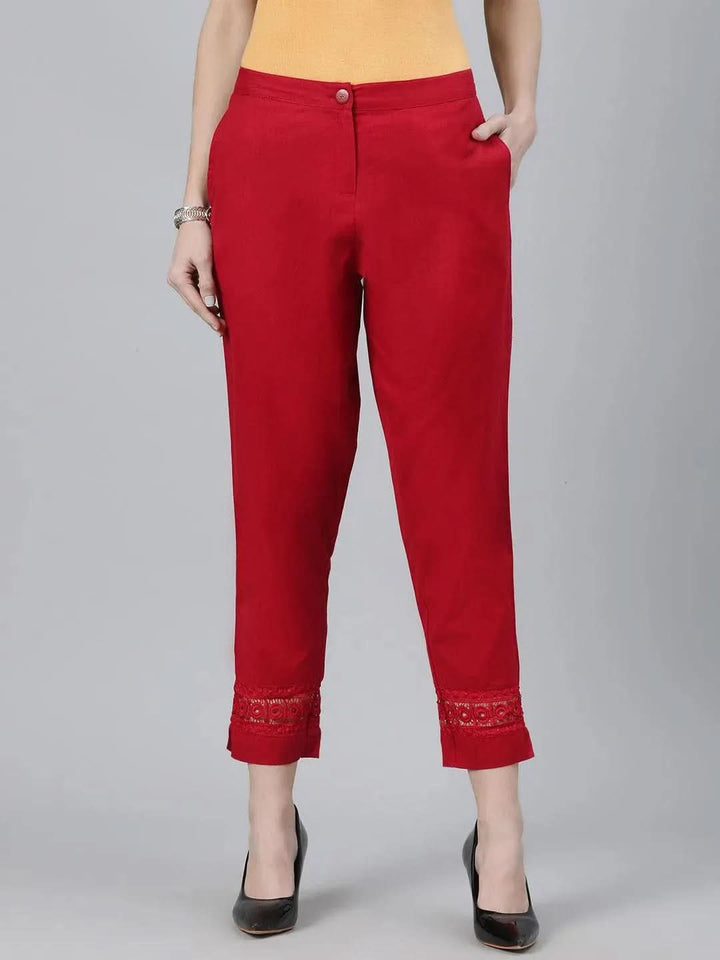 Maroon Solid Cotton Trousers - Libas