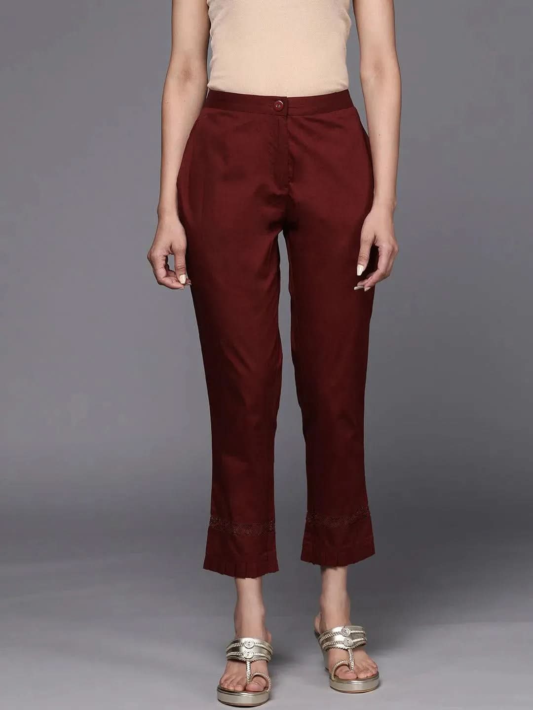 Maroon Solid Cotton Trousers - Libas