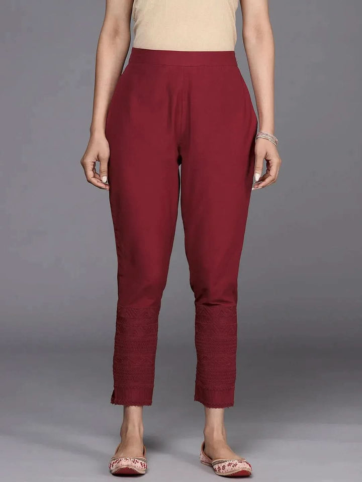 Maroon Solid Cotton Trousers - Libas