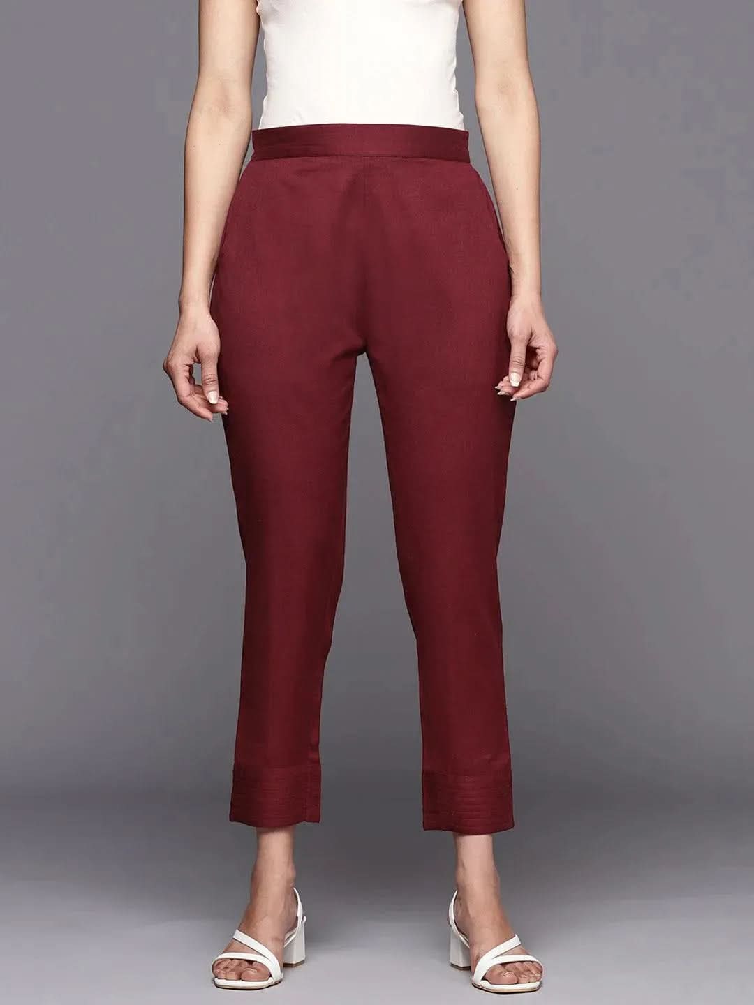 Maroon Solid Cotton Trousers - Libas