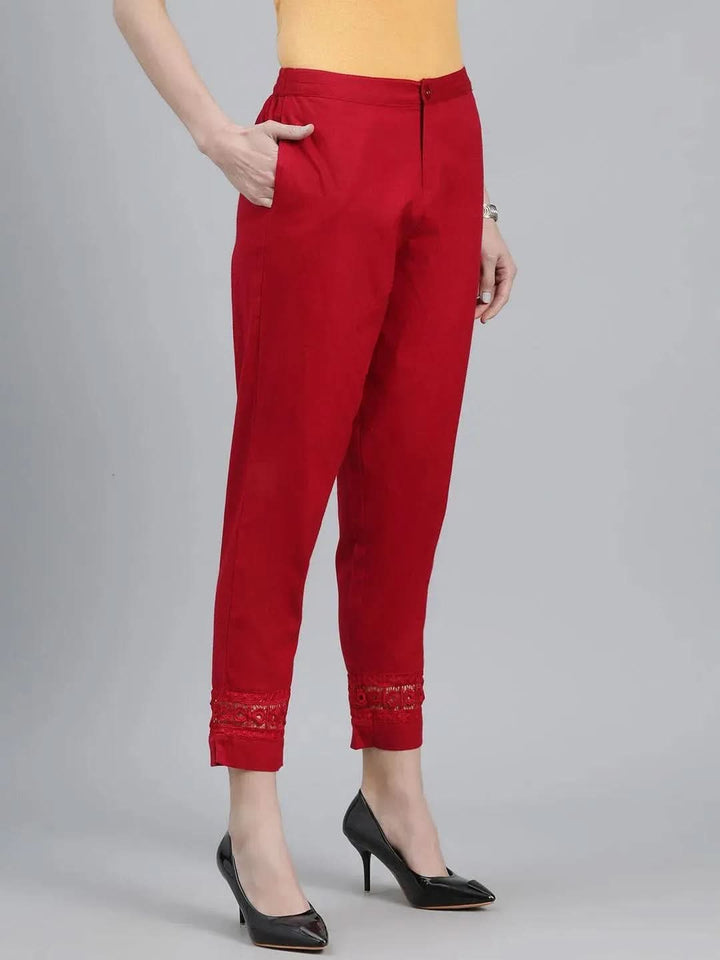 Maroon Solid Cotton Trousers - Libas