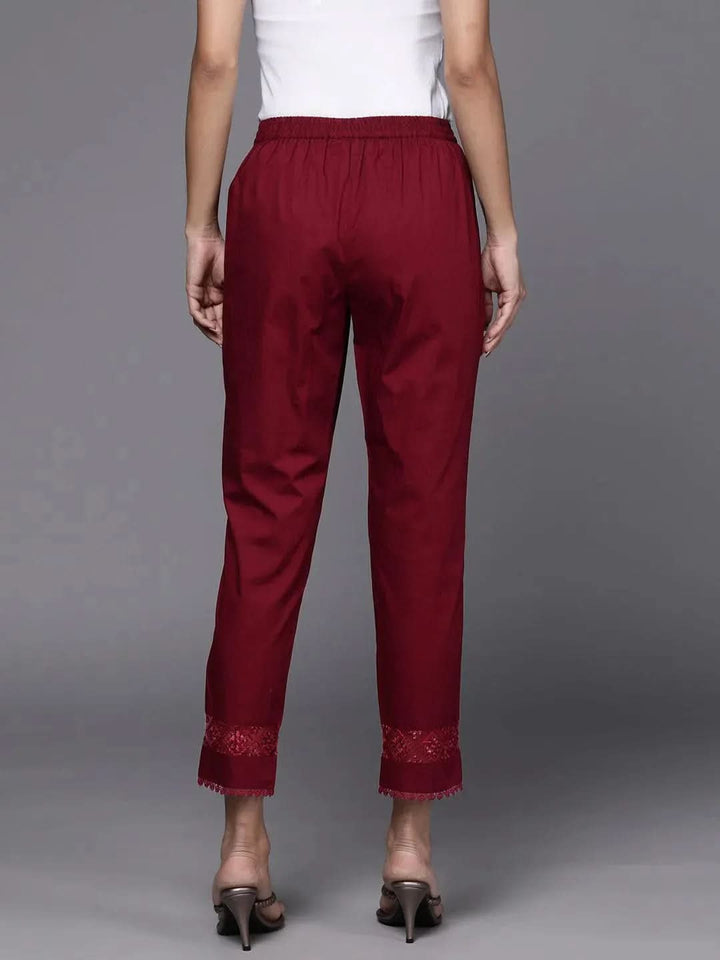 Maroon Solid Cotton Trousers - Libas
