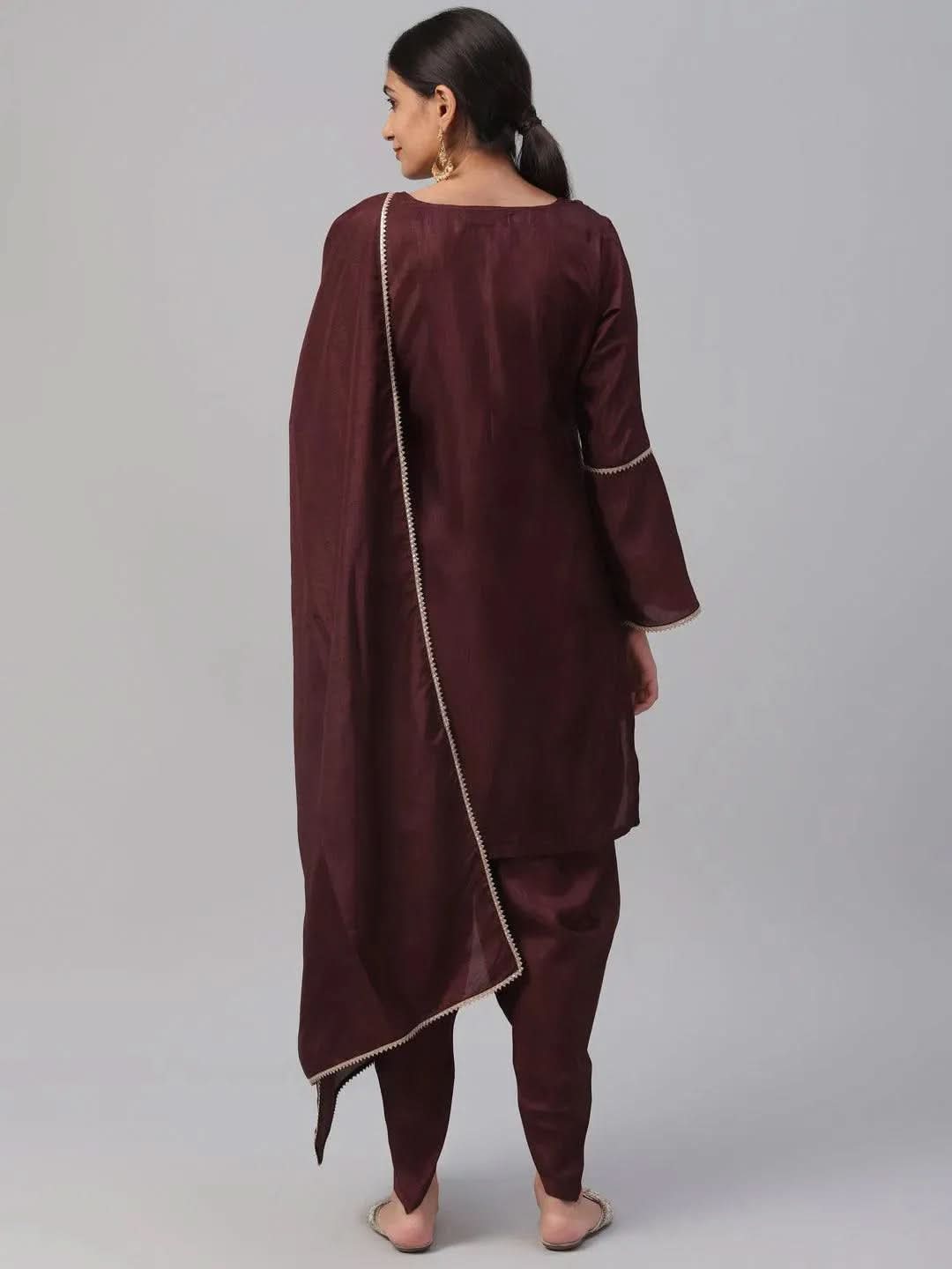 Maroon Solid Polyester Suit Set - Libas