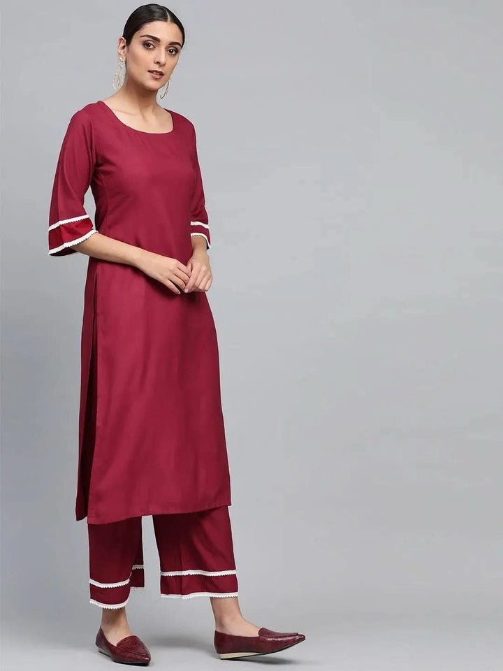 Maroon Solid Polyester Suit Set - Libas
