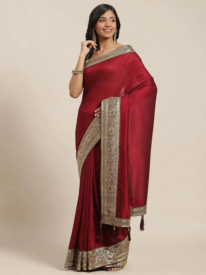 Maroon Solid Silk Blend Saree - Libas