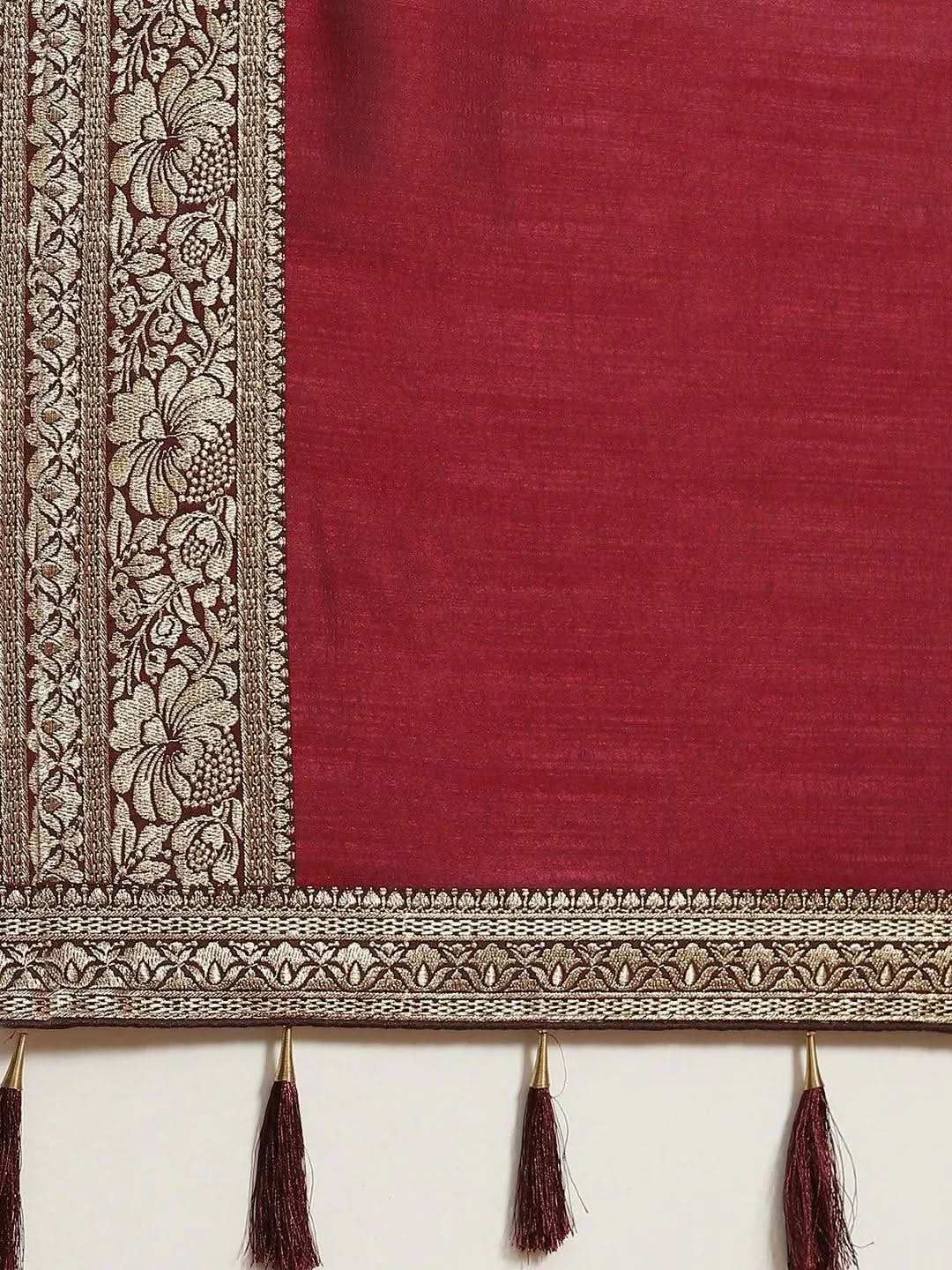 Maroon Solid Silk Blend Saree - Libas
