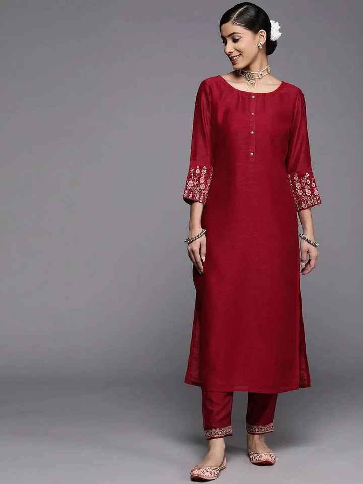 Maroon Solid Silk Kurta - Libas