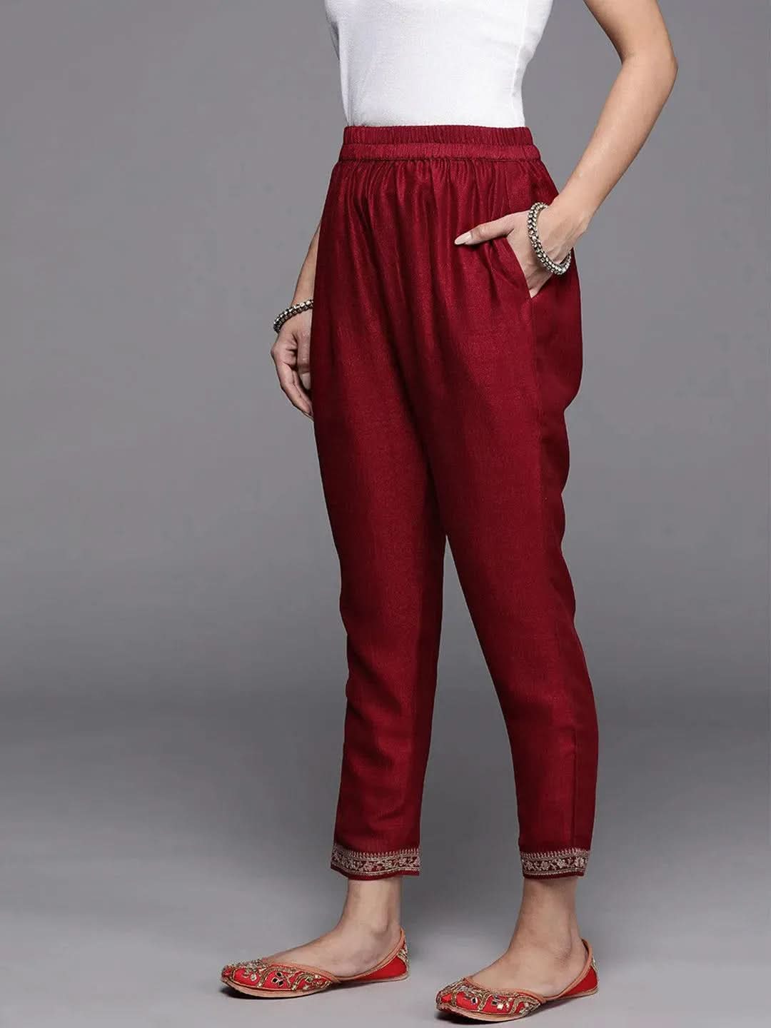 Maroon Solid Silk Trousers - Libas