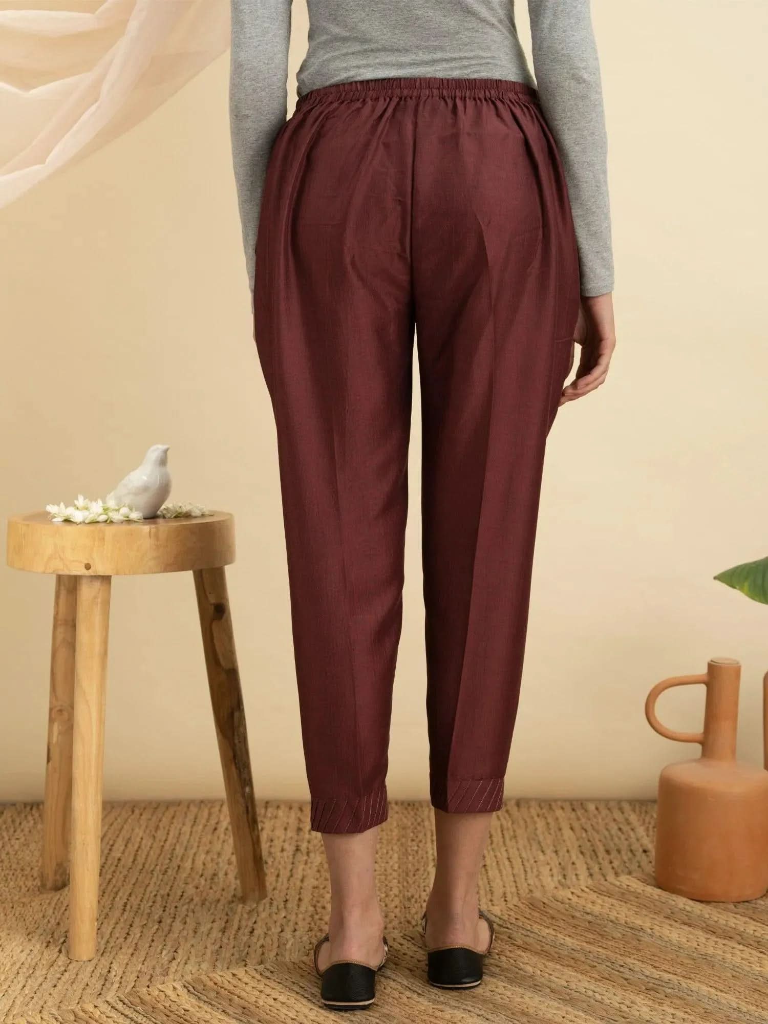 Buy Maroon Solid Silk Trousers - PL826O-S | Libas Ethnic Wear Online 
Buy Maroon Solid Silk Trousers - PL826O-S | Libas Ethnic Wear Online