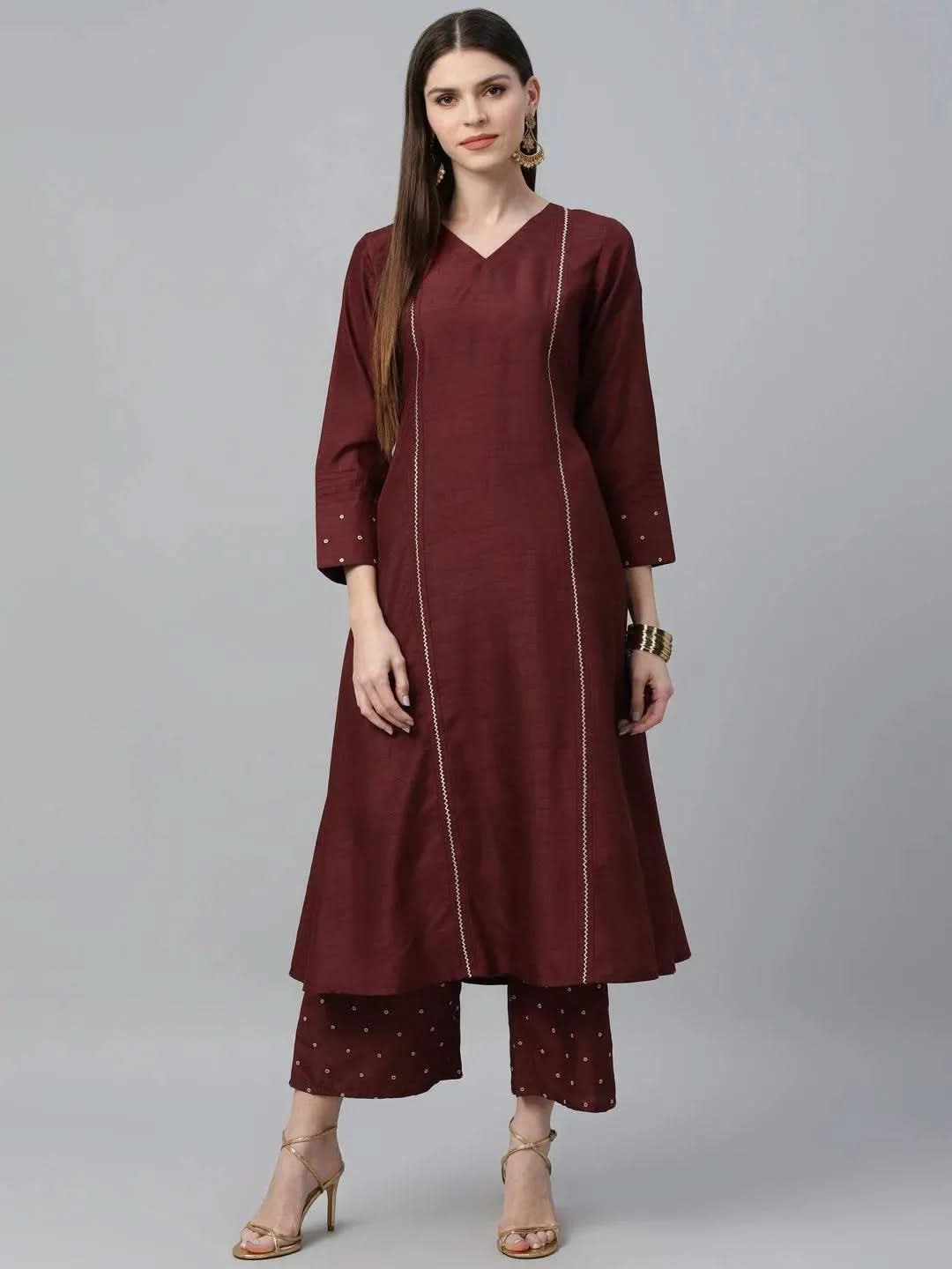 Maroon Striped Polyester Kurta Set - Libas