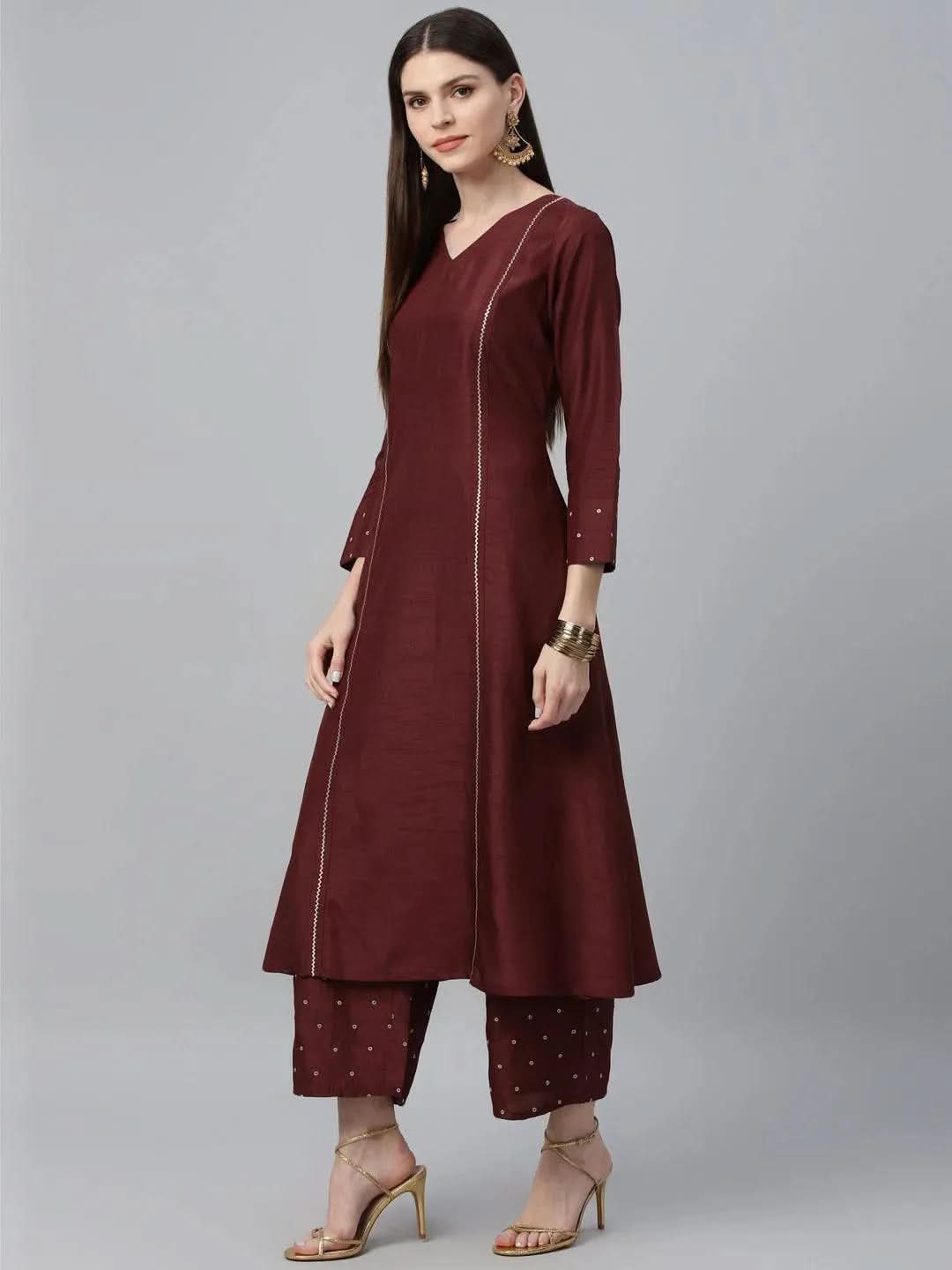 Maroon Striped Polyester Kurta Set - Libas