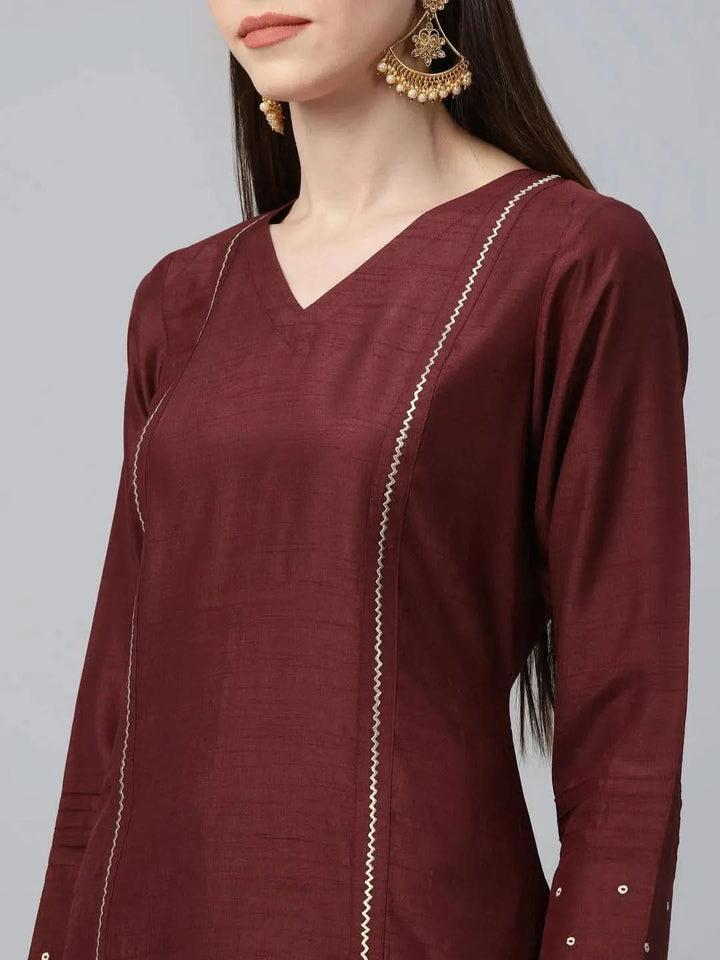 Maroon Striped Polyester Kurta Set - Libas