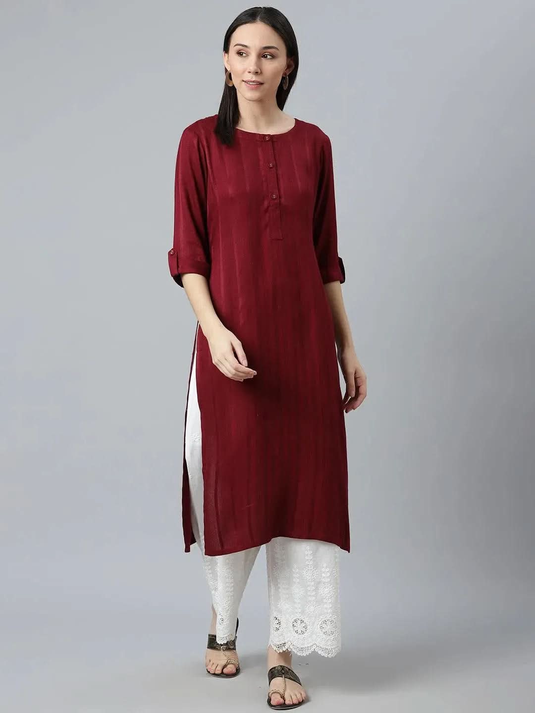 Maroon Striped Rayon Kurta - Libas