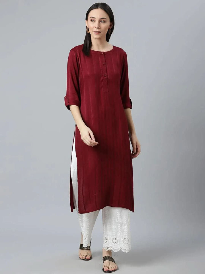 Maroon Striped Rayon Kurta - Libas