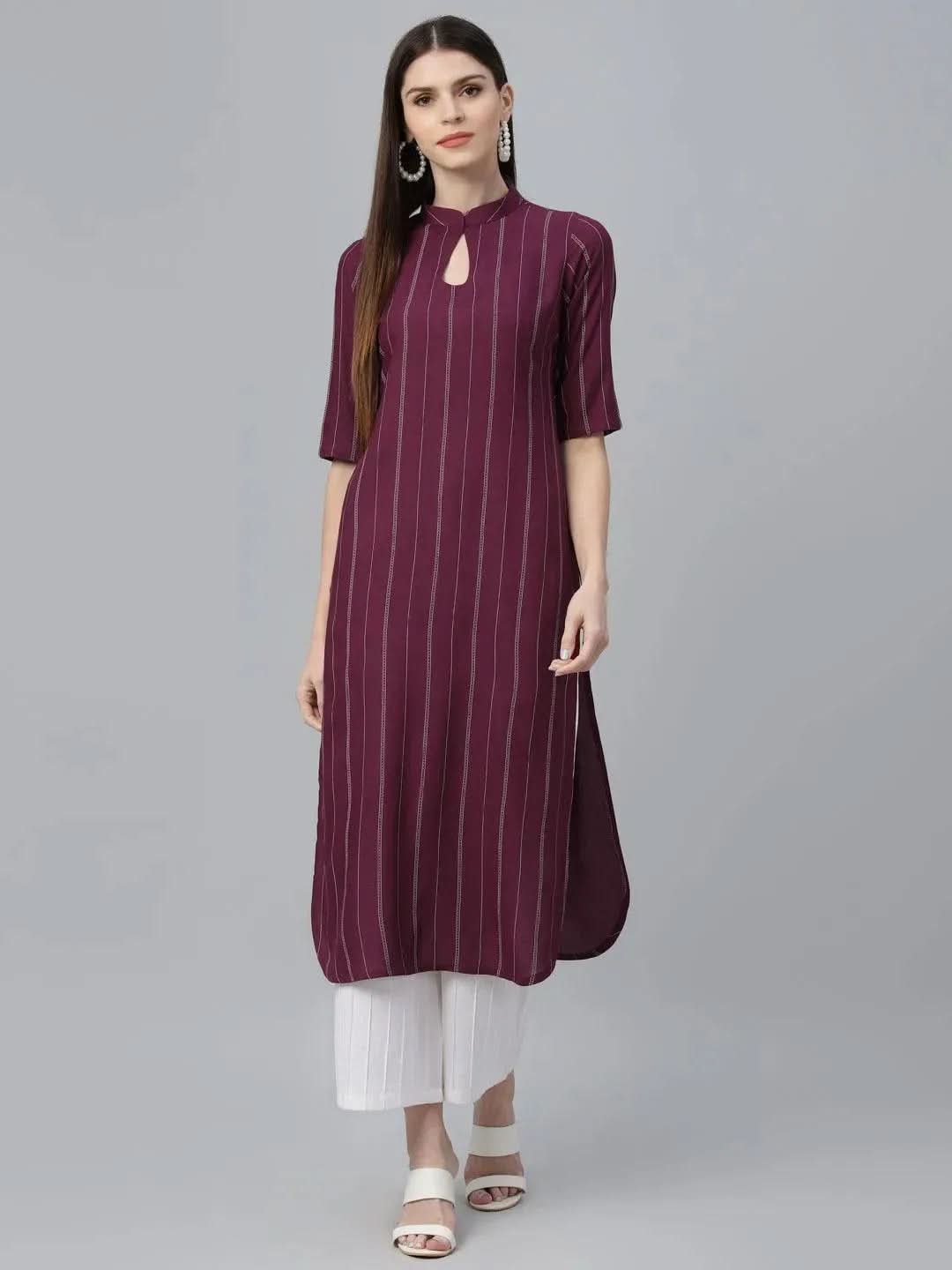 Maroon Striped Rayon Kurta - Libas