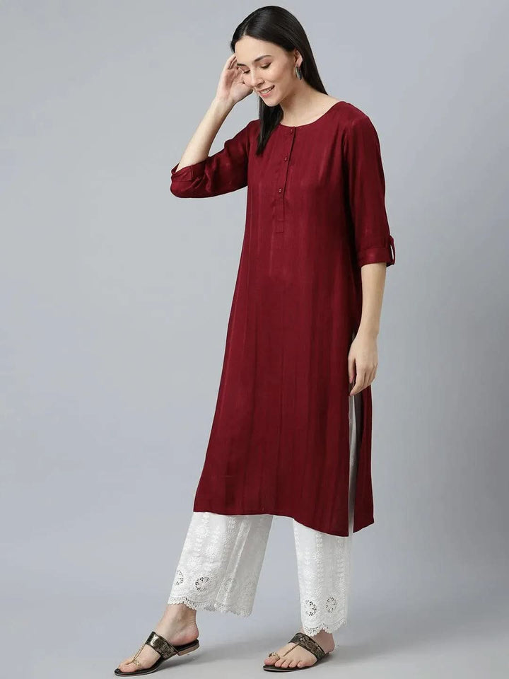 Maroon Striped Rayon Kurta - Libas