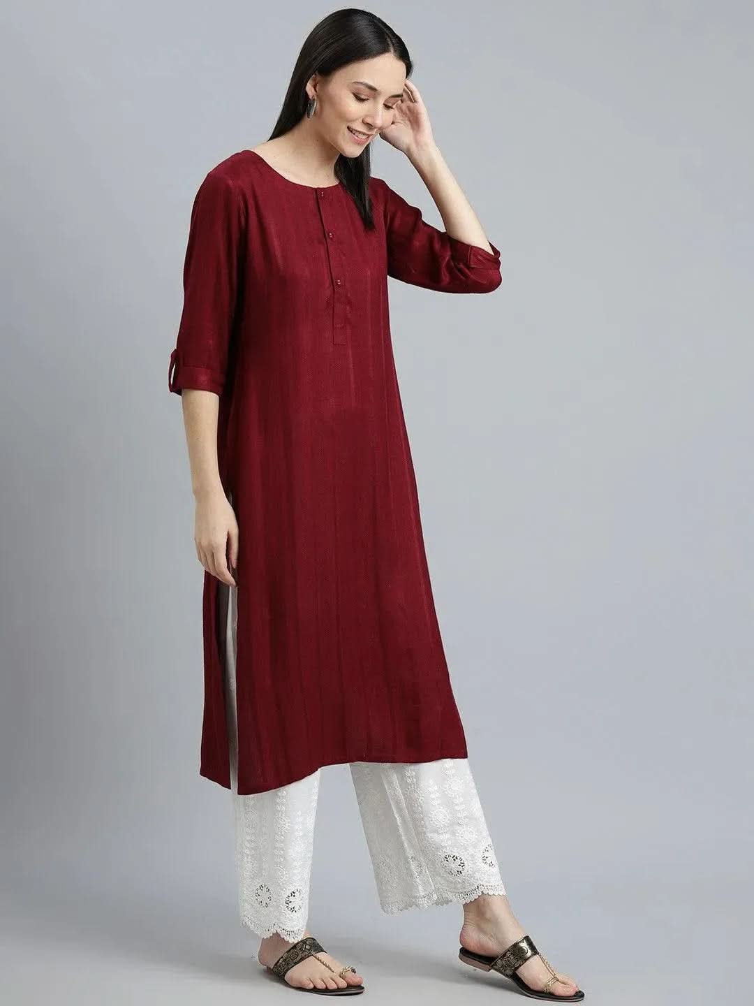 Maroon Striped Rayon Kurta - Libas