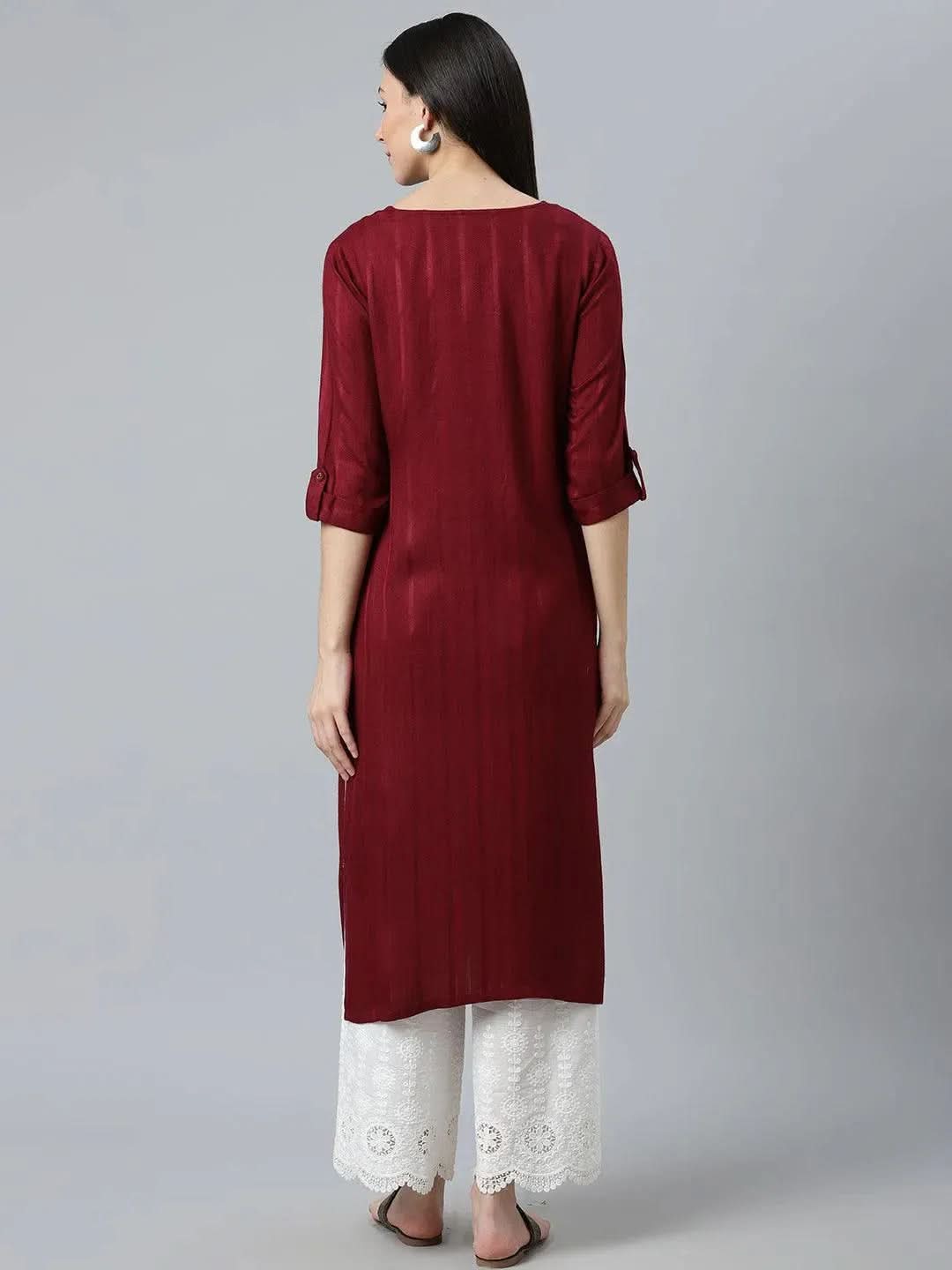 Maroon Striped Rayon Kurta - Libas