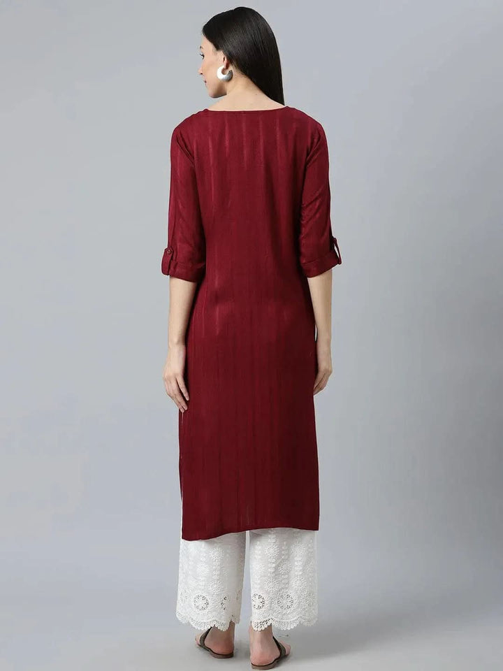 Maroon Striped Rayon Kurta - Libas